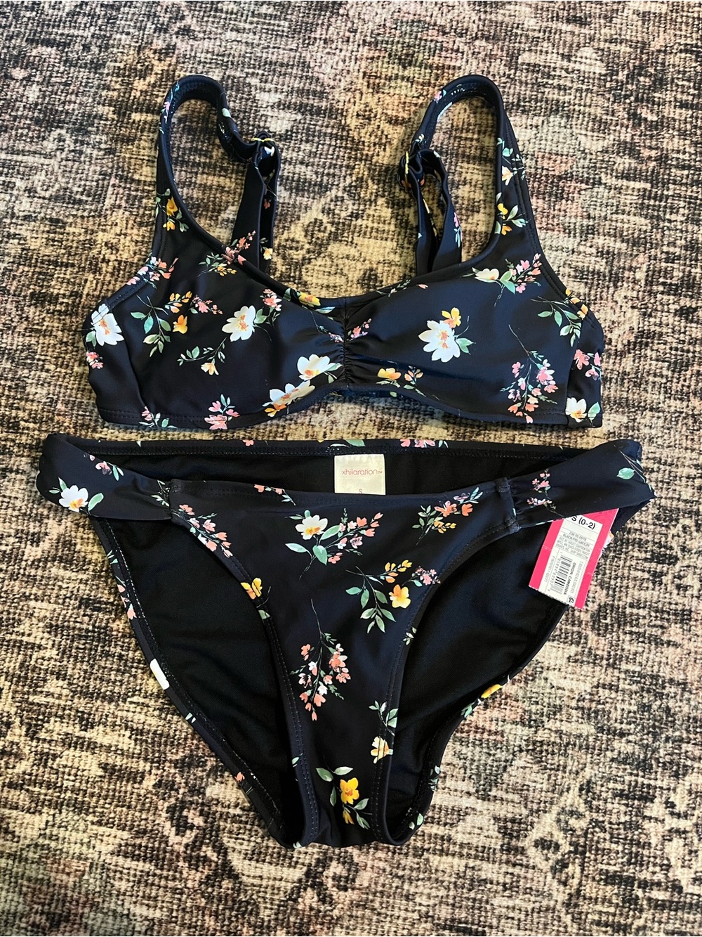 Xhilaration Black Floral Bikini Set with Yellow & White Accents